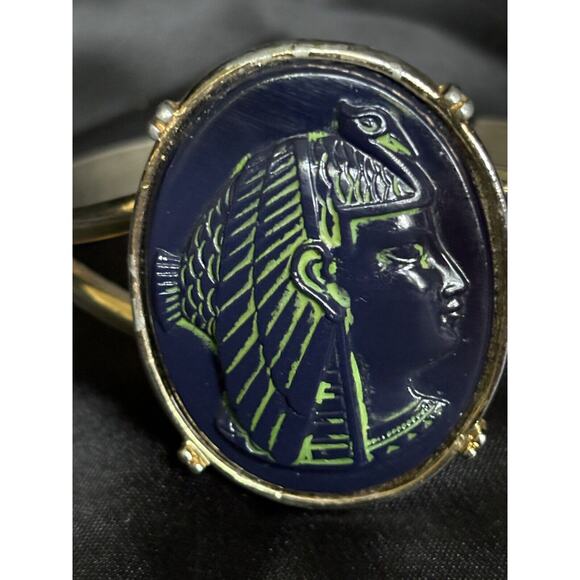 Pharaoh Egyptian Revival Cuff Bracelet Blue Glass & Gold Tone Statement Bracelet - Picture 9 of 13